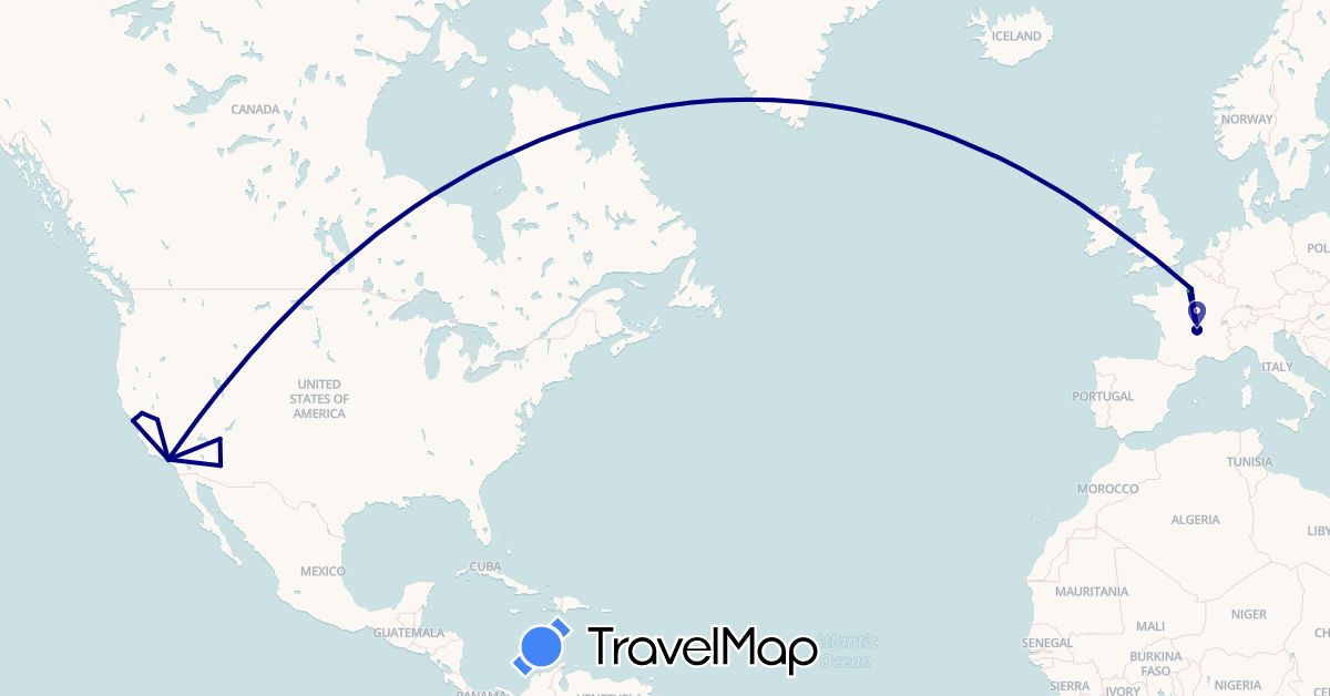 TravelMap itinerary: driving, bus, plane in France, Ireland, United States (Europe, North America)
